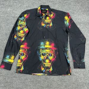 Fibonacci Maceoo Italian Dress Shirt Mens 2/S Black Skull Hat Print Colorful AOP